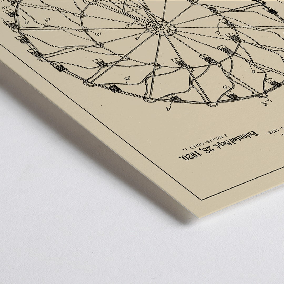 Closeup detail of Vintage Ferris Wheel Patent Drawing Amusement Apparatus by Charles Hermann Poster