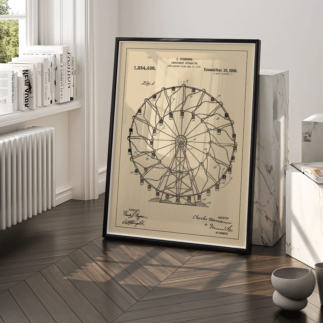 Vintage Ferris Wheel Patent Drawing Amusement Apparatus by Charles Hermann Poster, framed and displayed in home decor
