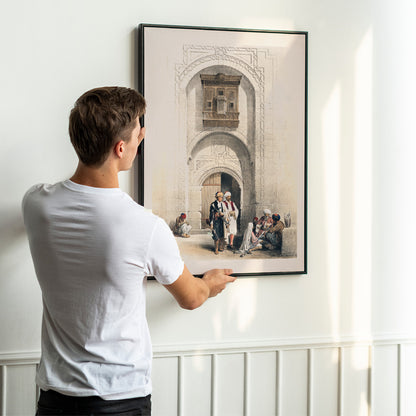 Modern mansion with arabesque architecture in Cairo by David Roberts featuring people in traditional attire poster, framed and displayed in home decor