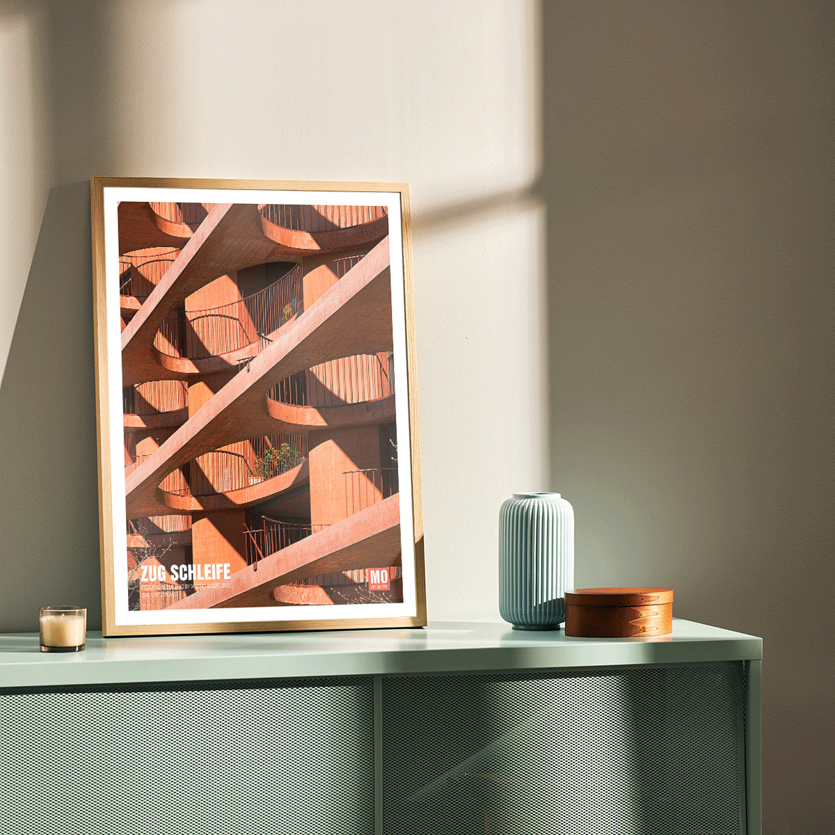 Modern architectural abstract artwork Zug Schleife Switzerland by Mo Art Gallery featuring geometric patterns shadows and orange hues, framed and displayed in home decor