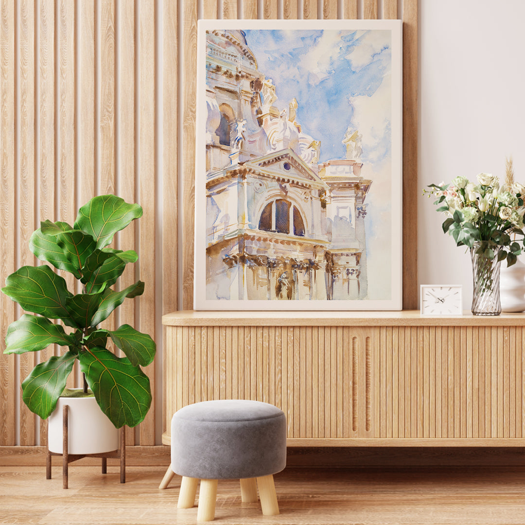 Watercolor painting The Salute Venice by John Singer Sargent featuring sunlit Venetian architecture ornate building and statues, framed and displayed in home decor