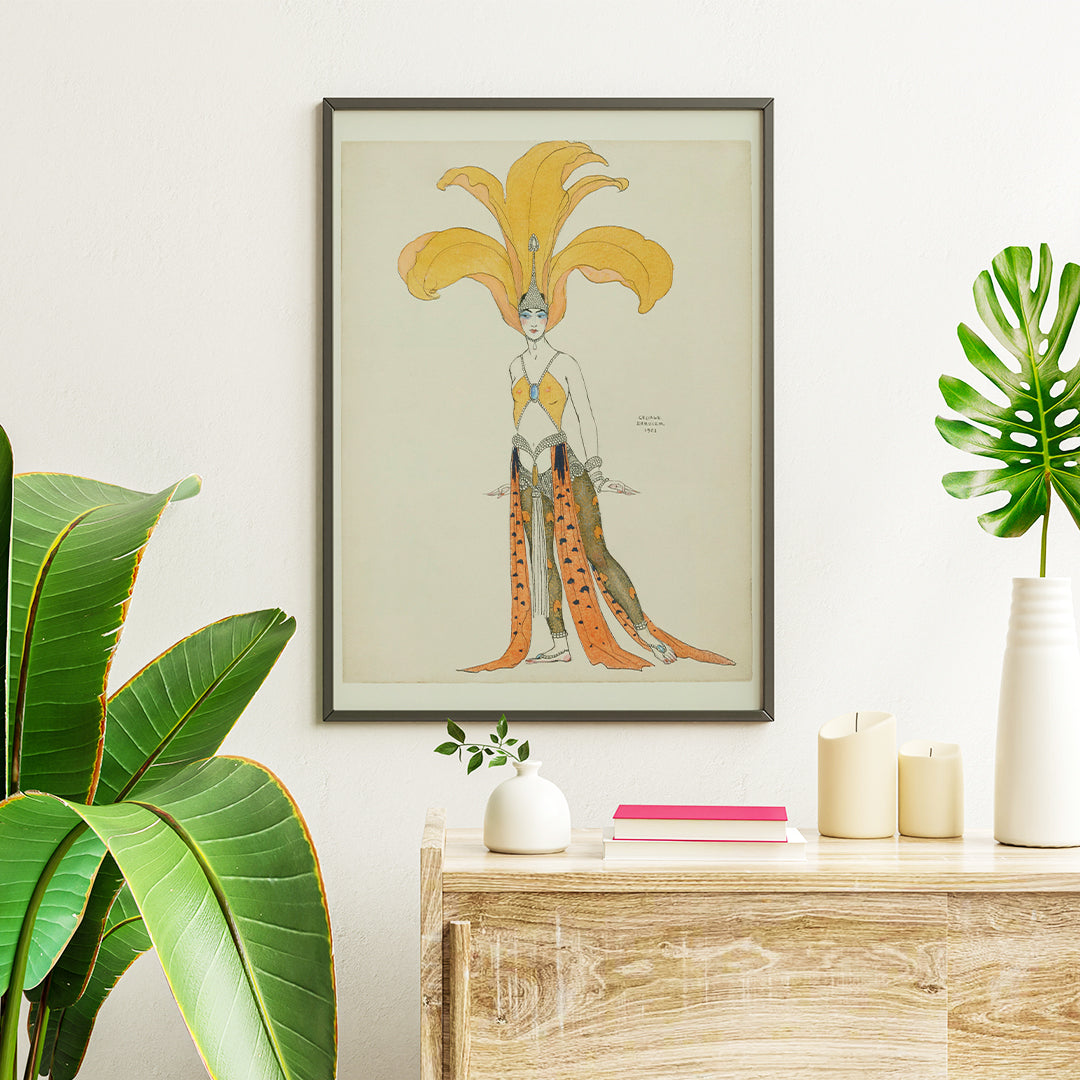 Elegant oriental dancer in elaborate orange costume with headdress from Danseuse en costume oriental by George Barbier poster, framed and displayed in home decor