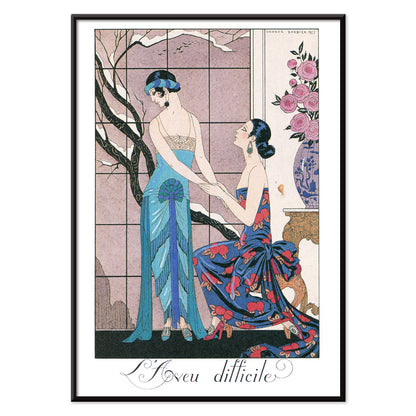 Art deco poster Laveu Difficile by George Barbier featuring two elegant women in colorful dresses in an interior setting, with black aluminium frame on white background