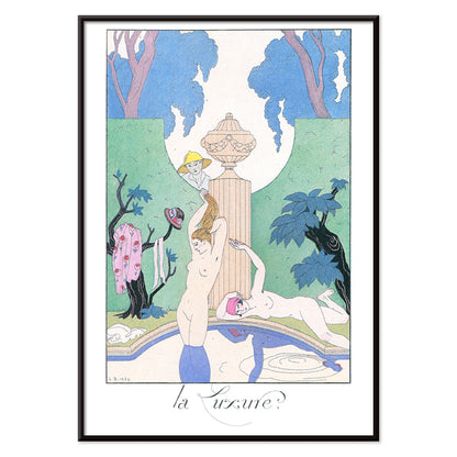 Art Deco poster La Luxure by George Barbier featuring elegant nude women lounging by a fountain in a decorative garden scene, with black aluminium frame on white background