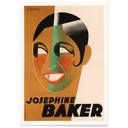 Art Deco poster of Josephine Baker by J Chassaing featuring bold geometric shapes and modern colorful style, with black aluminium frame on white background