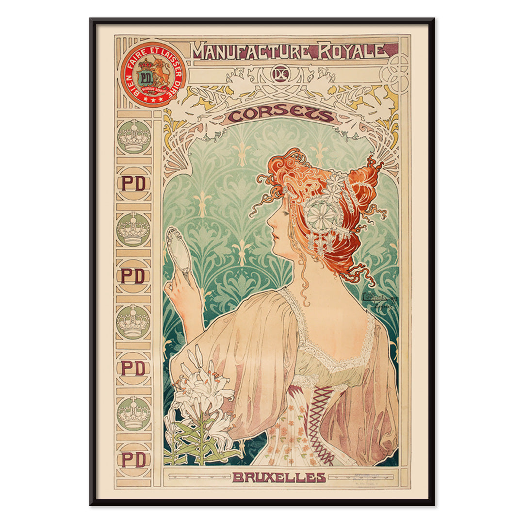 Art Nouveau poster by Alphonse Mucha featuring a woman in a corset with mirror and floral details Manufacture Royale De Corsets, with black aluminium frame on white background