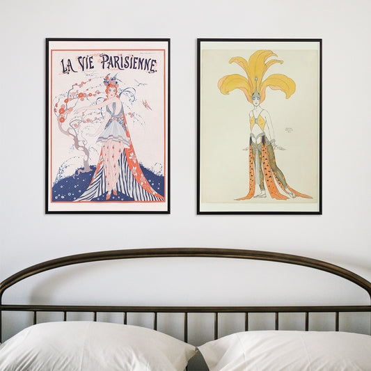 Elegant Art Deco poster of a woman in a floral dress standing by a blossoming tree La Vie Parisienne by Umberto Brunelleschi, framed and displayed in home decor