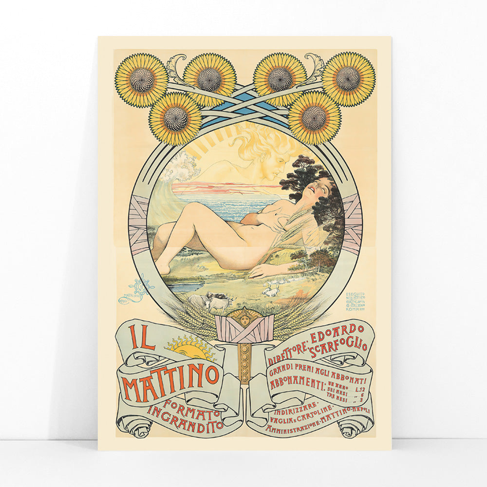Art Nouveau poster of a reclining woman with sunflowers and pastoral landscape by Giovanni Mataloni II Mattino perfect for art lovers, framed and displayed in modern living room decor