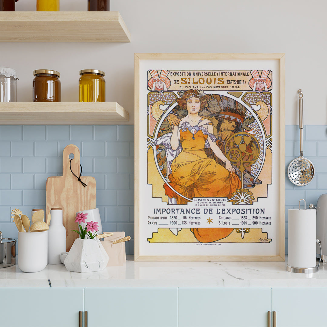 Art Nouveau poster of a woman in a flowing yellow dress with floral motifs Exposition de Saint Louis by Alphonse Mucha, framed and displayed in home decor