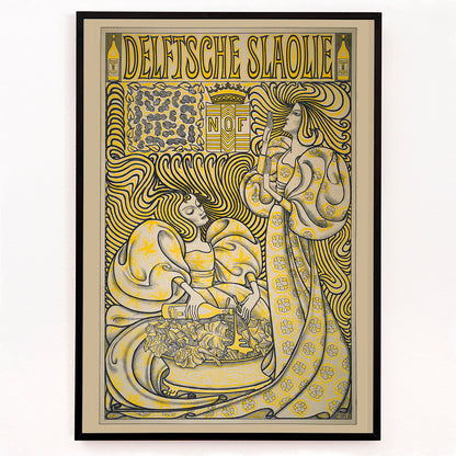 Closeup detail of Poster of two women in flowing dresses with decorative swirling patterns and a salad oil bottle Delft Salad Oil by Jan Toorop