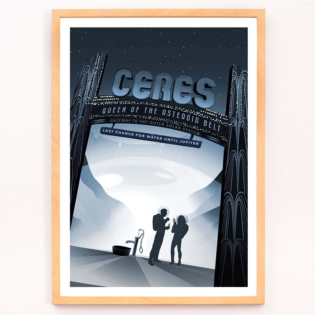Space travel art illustration of Ceres Queen of the Asteroid Belt by NASA featuring two people at a water pump under a starry sky, framed and displayed in modern living room decor