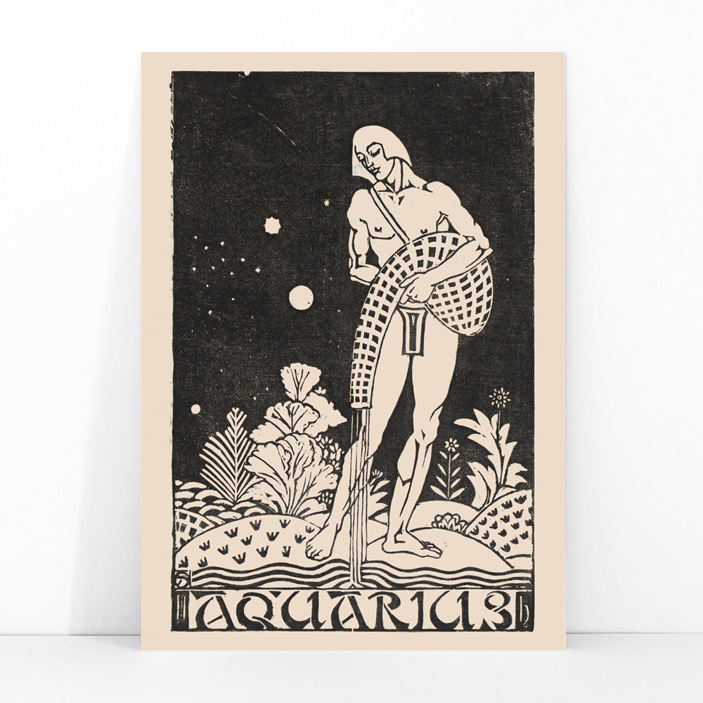Aquarius zodiac sign artwork by Henri van der Stok featuring water bearer and nude figure pouring water in stylized landscape, framed and displayed in modern living room decor