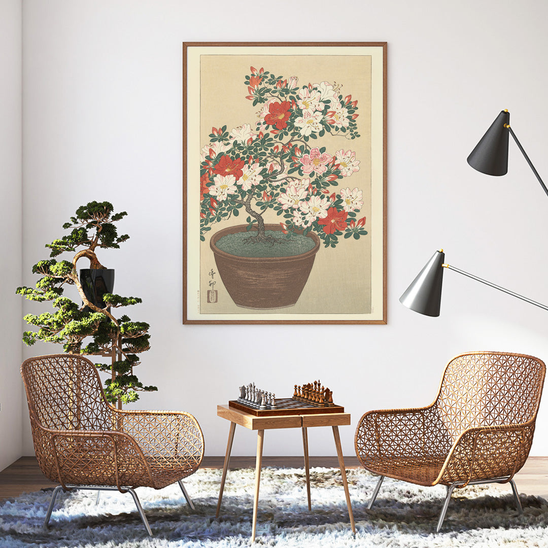 Potted azalea in bloom with red and white flowers botanical artwork Flowering azalea by Ohara Koson poster, framed and displayed in home decor