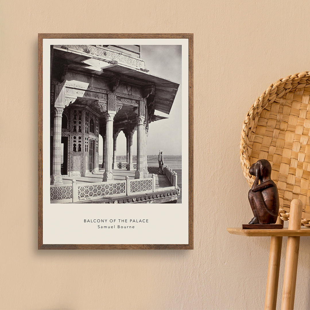 Architectural photography and poster of ornate palace balcony with intricate columns and carvings by Samuel Bourne titled Balcony of the Palace, framed and displayed in home decor