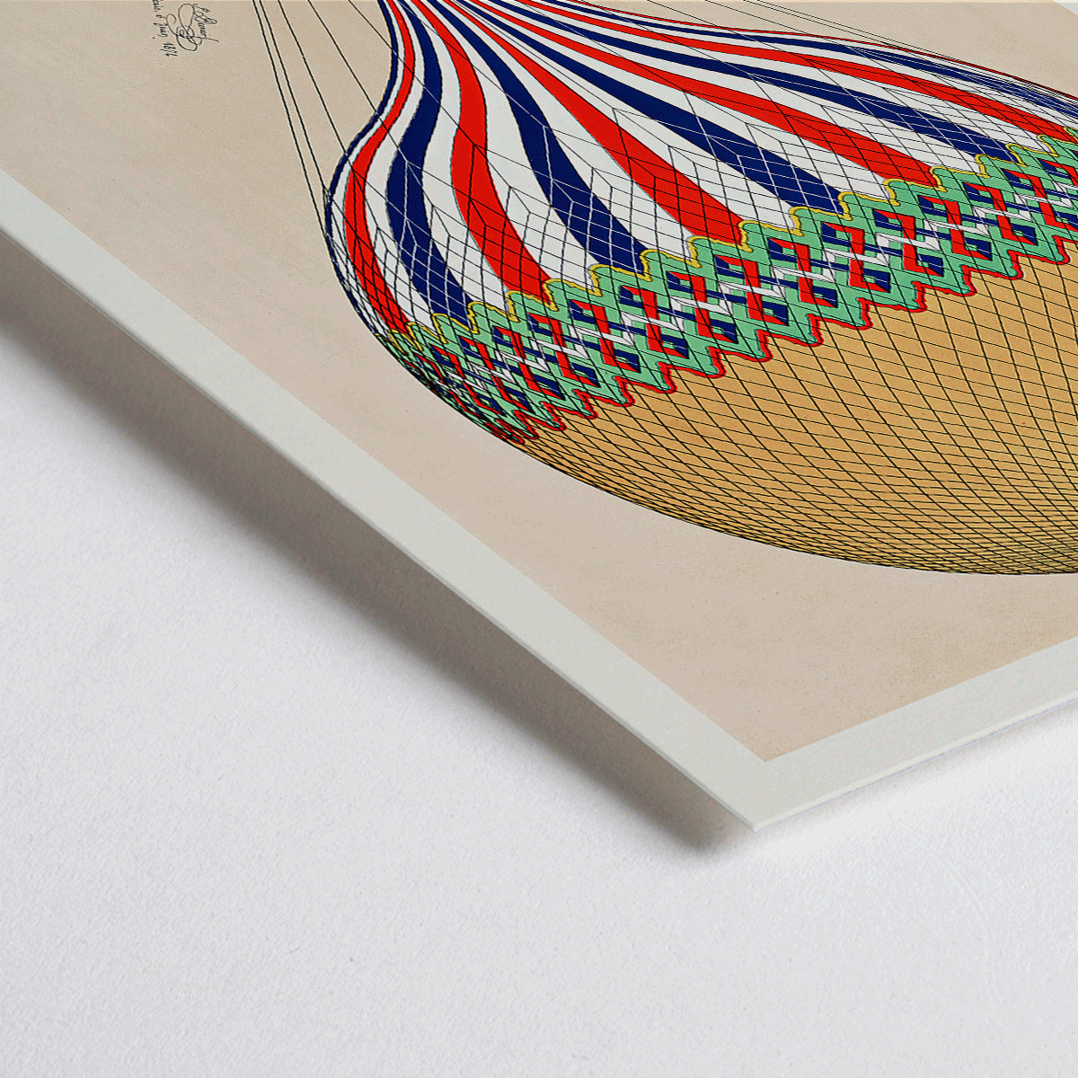 Closeup detail of French flag hot air balloon in red white and blue ascending over Paris artwork Le Tricolore by E Hennequin with passengers