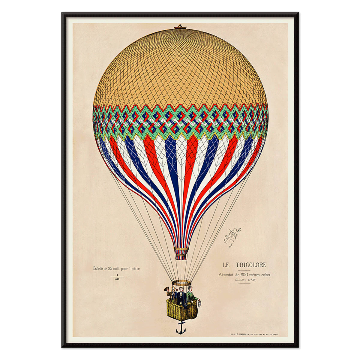 French flag hot air balloon in red white and blue ascending over Paris artwork Le Tricolore by E Hennequin with passengers, with black aluminium frame on white background