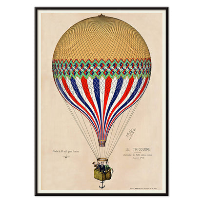 French flag hot air balloon in red white and blue ascending over Paris artwork Le Tricolore by E Hennequin with passengers, with black aluminium frame on white background