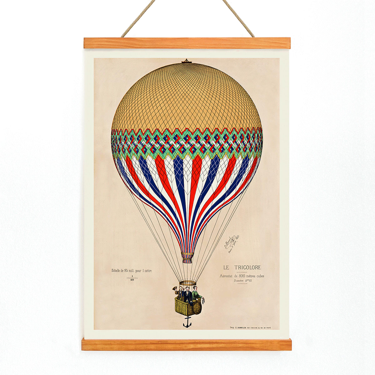 French flag hot air balloon in red white and blue ascending over Paris artwork Le Tricolore by E Hennequin with passengers, with wooden magnetic frame on white background