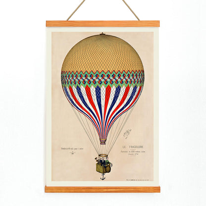 French flag hot air balloon in red white and blue ascending over Paris artwork Le Tricolore by E Hennequin with passengers, with wooden magnetic frame on white background