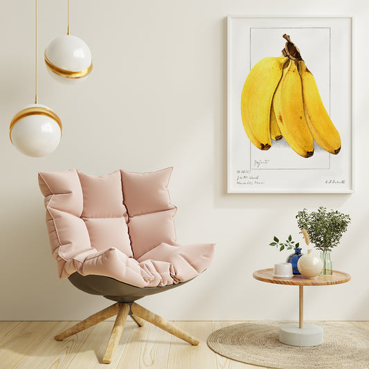 Botanical artwork of ripe yellow bananas Musa by Ellen Isham Schutt realistic illustration and poster suitable for botanical decor, framed and displayed in home decor
