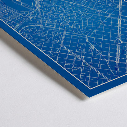 Closeup detail of Minimalist blue and white map of Barcelona by Moryarty featuring iconic landmarks street layout and skyline poster titled Minimalist Map of Barcelona 2