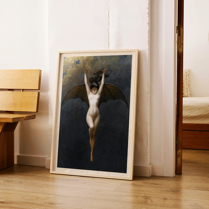The Bat-Woman by Albert Joseph Penot artwork showing a woman with bat wings against a cloudy dark sky, framed and displayed in home decor