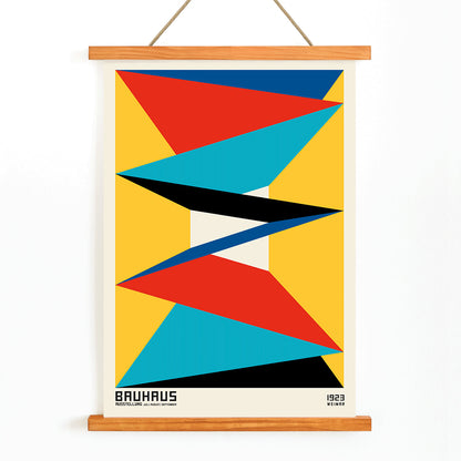Geometric abstract Bauhaus poster 16 featuring vibrant geometric shapes in red blue black and yellow arranged symmetrically framed artwork, with wooden magnetic frame on white background