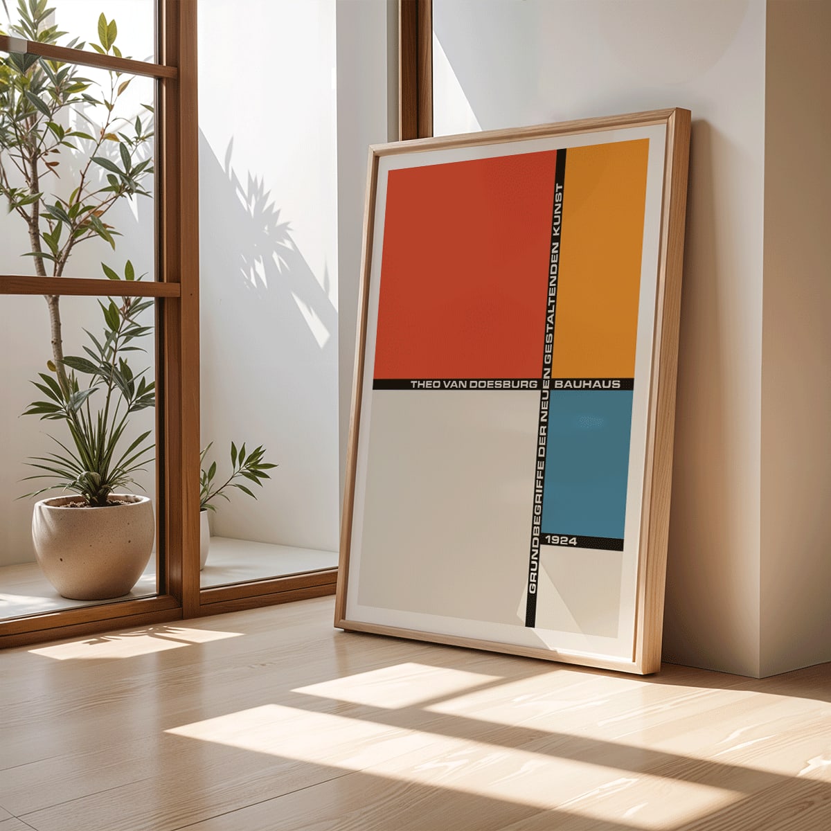Theo van Doesburg Bauhaus 21 artwork geometric abstract composition poster with bold colors and typography, framed and displayed in modern living room decor