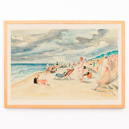 Closeup detail of Colorful beach scene with people relaxing on deck chairs and under umbrellas at La plage de Deauville by Henri Lebasque
