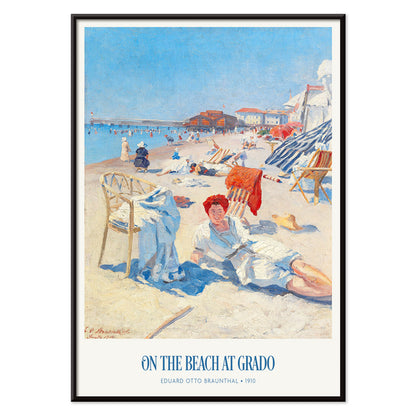 People relaxing on a sunny beach with chairs buildings and colorful umbrellas On the Beach at Grado by Eduard Otto Braunthal, with black aluminium frame on white background