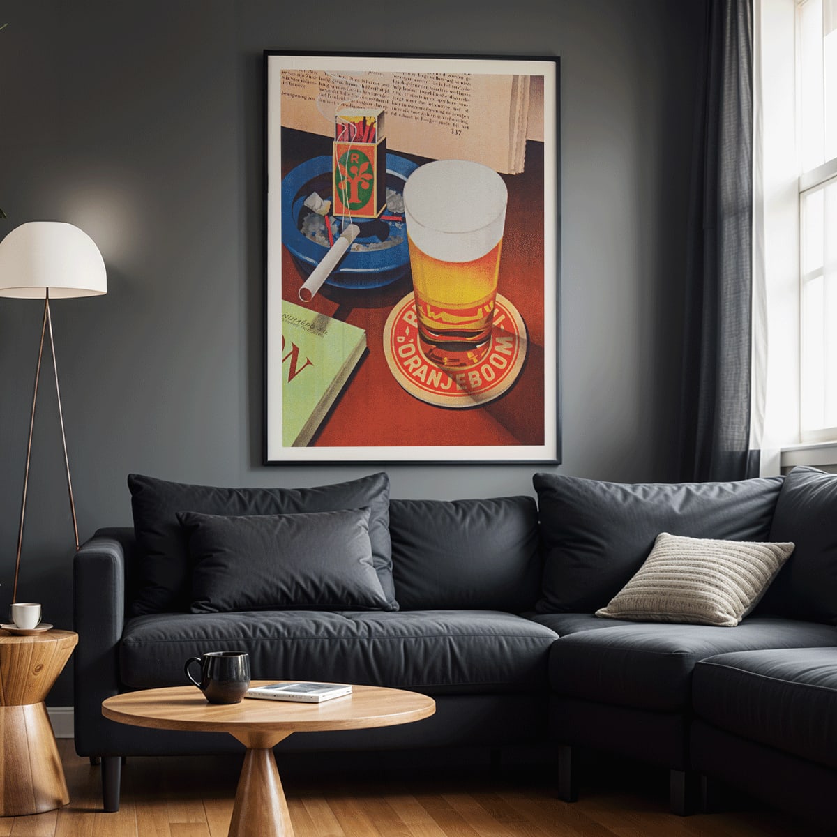 Beer glass on Oranjeboom coaster with cigarette in ashtray and matchbox still life by Bernd Steiner and Anonymous, framed and displayed in home decor