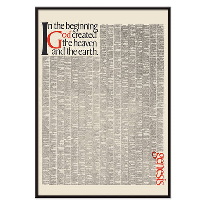 Genesis typography artwork and poster by Herb Lubalin with text In the beginning God created the heaven and the earth featuring the first pages of Genesis, with black aluminium frame on white background