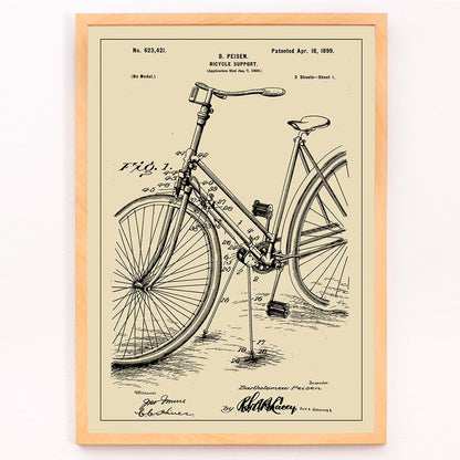 Bicycle support patent by B Peisen with detailed technical drawing and mechanical diagram featuring support stand and annotations, framed and displayed in modern living room decor