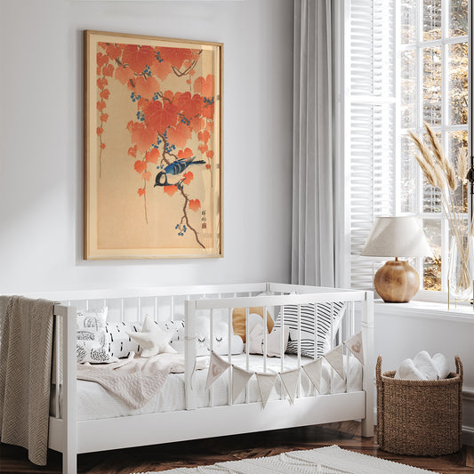 Blue bird on paulownia branch with autumn leaves and berries artwork by Ohara Koson poster, framed and displayed in home decor