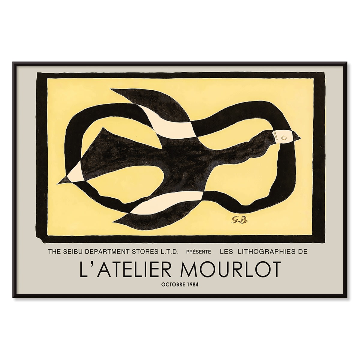 Bird passing through a Cloud by George Braque exhibition poster for L Atelier Mourlot featuring abstract artwork and imagery, with black aluminium frame on white background