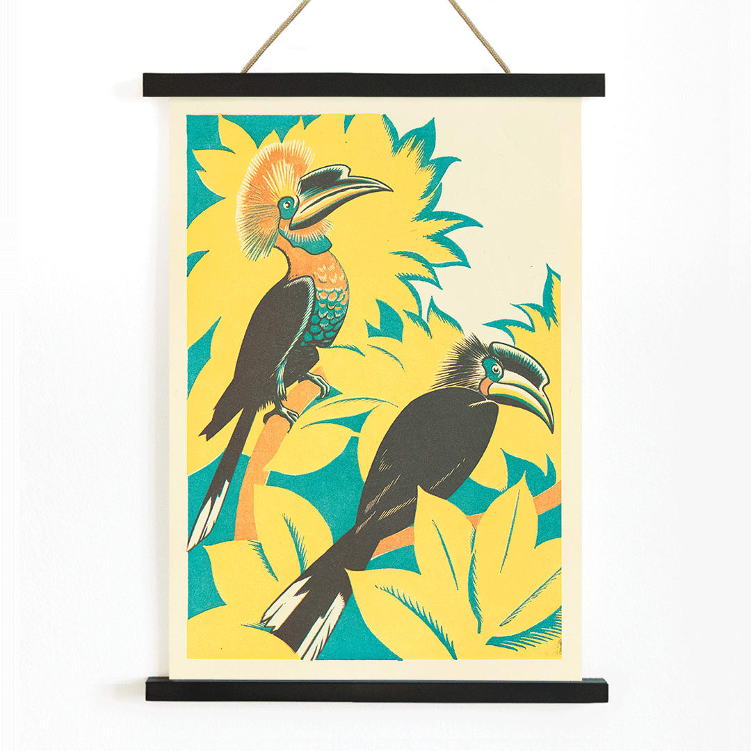 Colorful birds with vibrant plumage among yellow stylized foliage artwork by Clifford Webb from A Jungle Picnic Pl 07, with wooden magnetic frame on white background