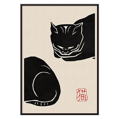 Ink illustration and poster of a stylized black cat with minimalist brush strokes by Black Cat 4 artist and Anonymous, with black aluminium frame on white background