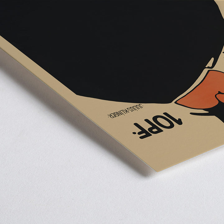 Closeup detail of Julius Klinger Das kleine Witzblatt poster with bold black silhouette orange face and hand on beige minimalist background