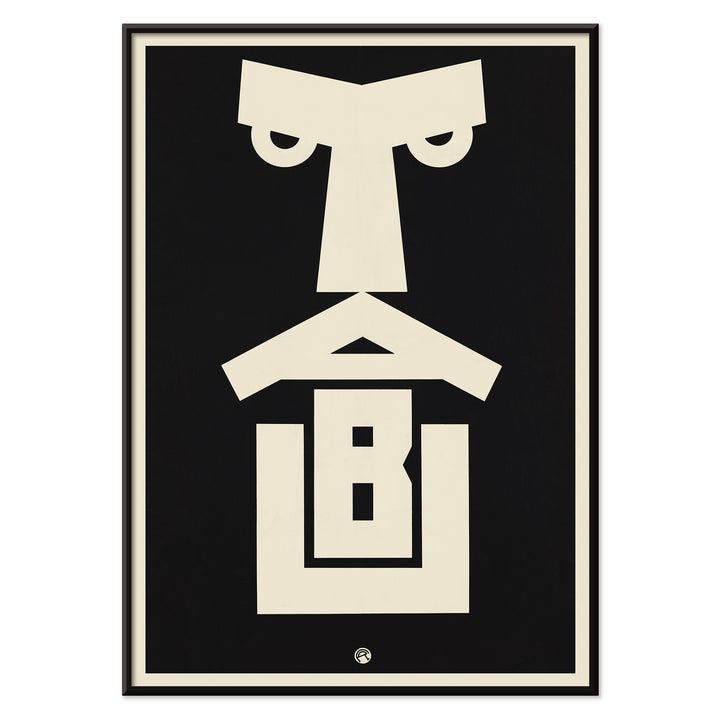 Julius Klinger Tabu poster with bold black and cream abstract geometric face in minimalist vertical design, with black aluminium frame on white background