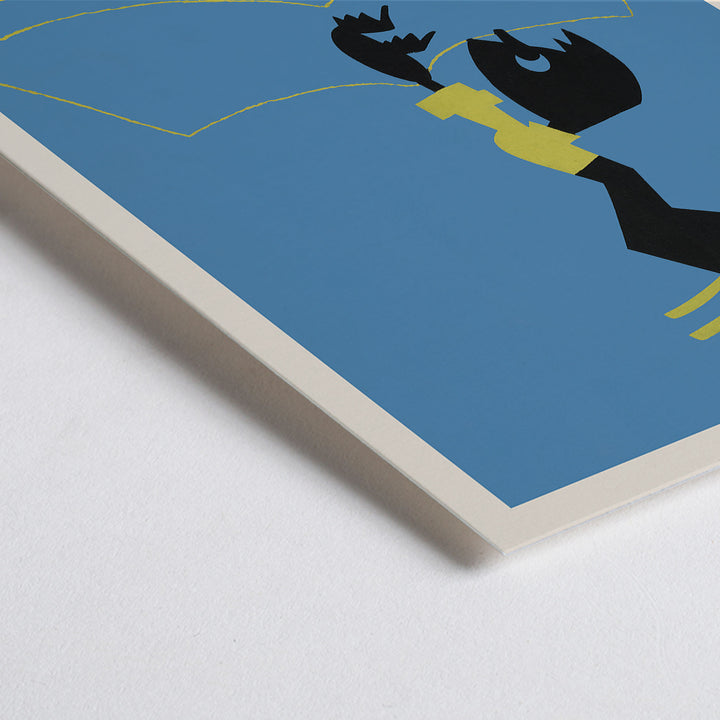 Closeup detail of Arlington Gregg This breaks the back of a book poster blue field black figure cream book shape minimalist art print