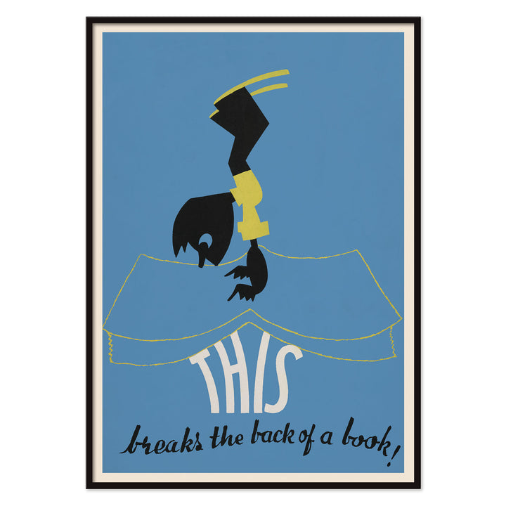 Arlington Gregg This breaks the back of a book poster blue field black figure cream book shape minimalist art print, with black aluminium frame on white background