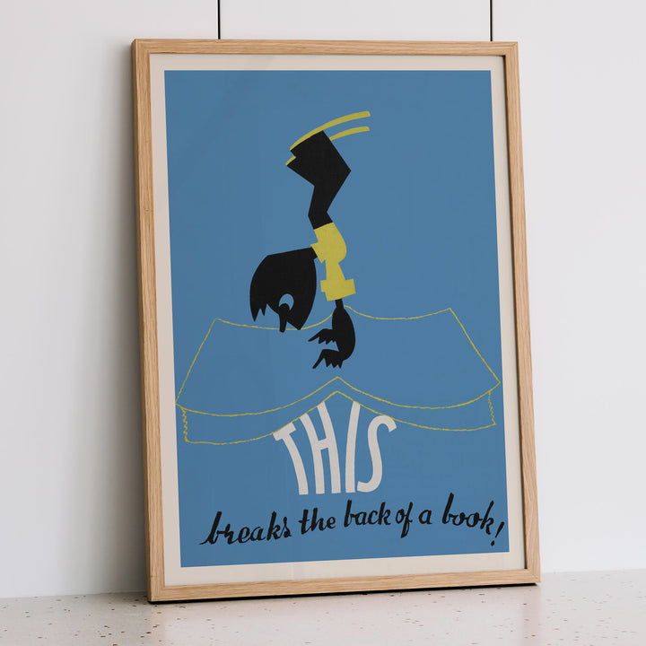 Arlington Gregg This breaks the back of a book poster blue field black figure cream book shape minimalist art print, framed and displayed in modern living room decor