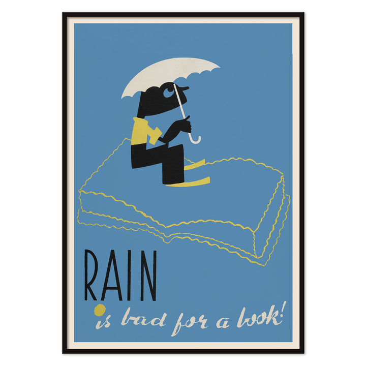 Arlington Gregg Rain Is Bad for a Book poster blue minimalist figure under white umbrella above book, with black aluminium frame on white background