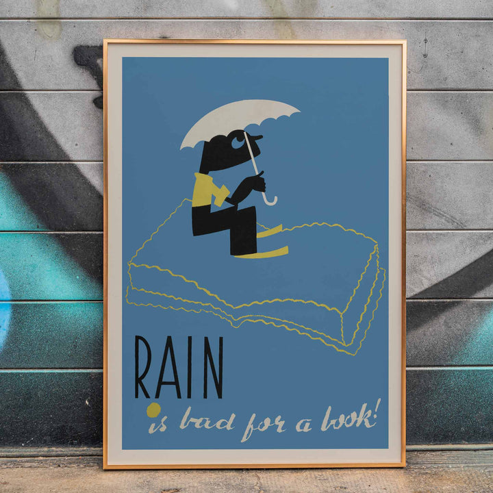 Arlington Gregg Rain Is Bad for a Book poster blue minimalist figure under white umbrella above book, framed and displayed in home decor
