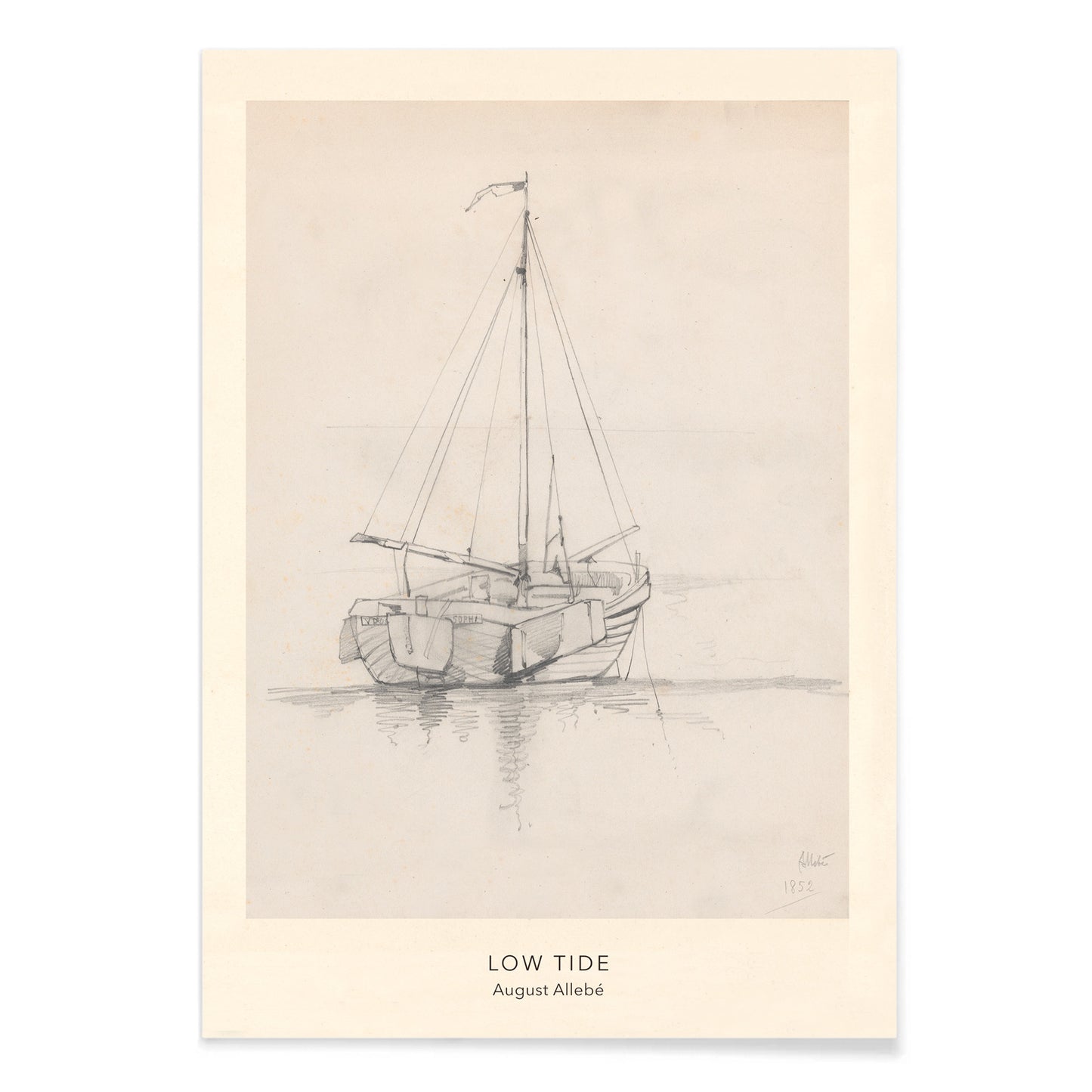 Pencil drawing poster of a sailboat at low tide on calm water artwork Low Tide by August Allebe, with black aluminium frame on white background