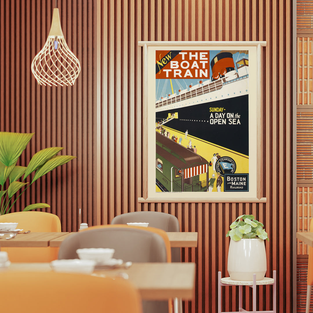 Vintage travel poster by Charles W Holmes showing people boarding a ship from a train platform for a day at sea titled New The boat train, framed and displayed in home decor