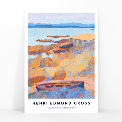 Colorful boats on rocky coastline with sea and mountains Calanque des Antibois painting by Henri Edmond Cross, framed and displayed in modern living room decor