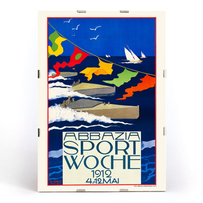 Colorful regatta scene with motorboats and sailboats racing on blue water with colorful flags by Stefanie Glax Abbazia Sport Woche, framed and displayed in modern living room decor