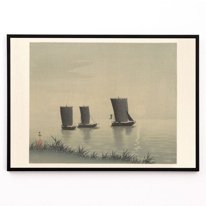Closeup detail of Serene Japanese art of three traditional fishing boats on calm water at sunset by Ohara Koson