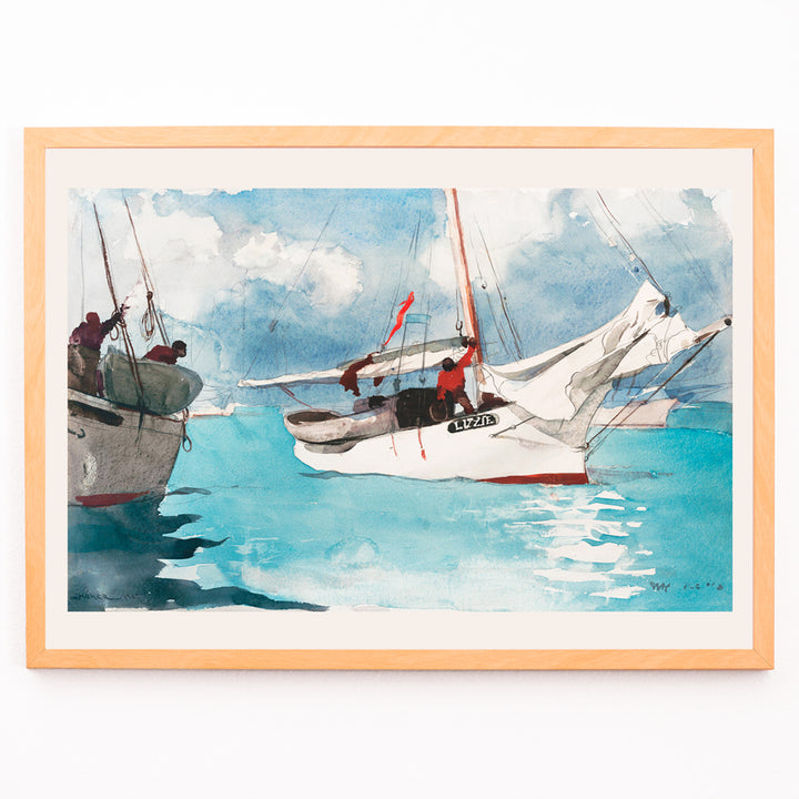 Closeup detail of Vibrant fishing boats on turquoise blue water painted by Winslow Homer in Fishing Boats Key West perfect coastal decor poster